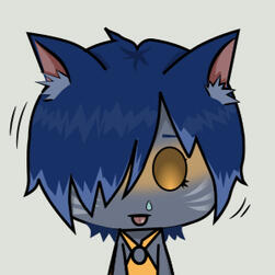 Chibi-style drawing of a blue-skinned, blue-haired catgirl with golden eyes and a yellow top.